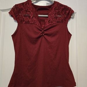 Elegant Lace Trim Burgundy Top
